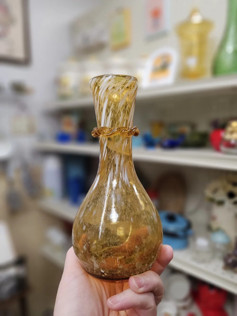 Vintage 70s Amber White Spatter Art Glass Bud Vase with Applied Rigaree